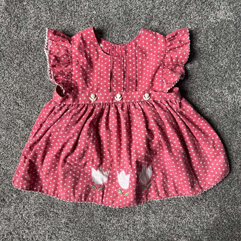 Vintage Toddler Pink Floral Tulip Applique Flutter Sleeve Dress 2T